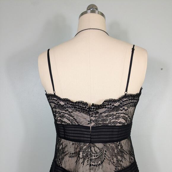 Bcbg Lace Silk Midi Dress 10 Black Tan Y2K Silk Babydoll Illusion Guest Cocktail - Picture 5 of 14
